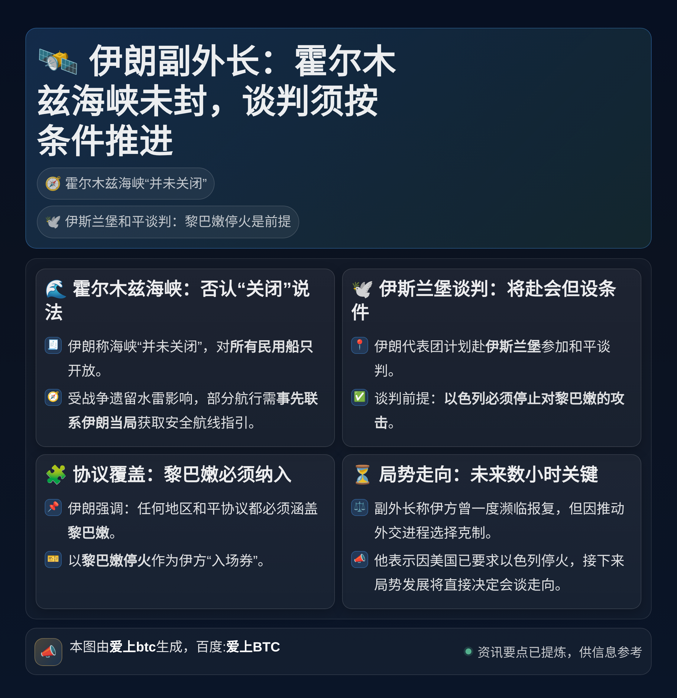 伊朗副外长：霍尔木兹海峡未封，谈判须按条件推进