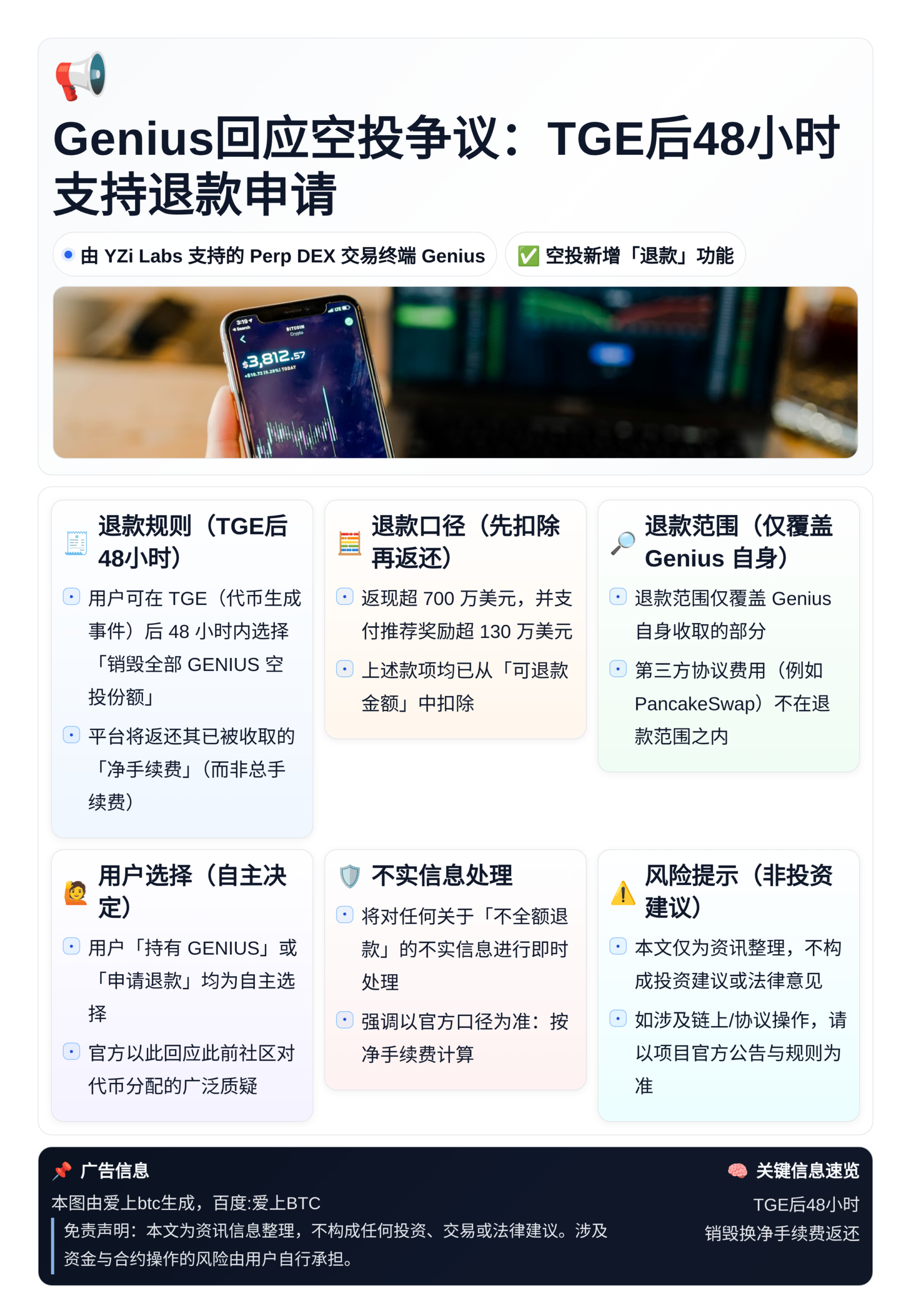 Genius回应空投争议：TGE后48小时支持退款申请