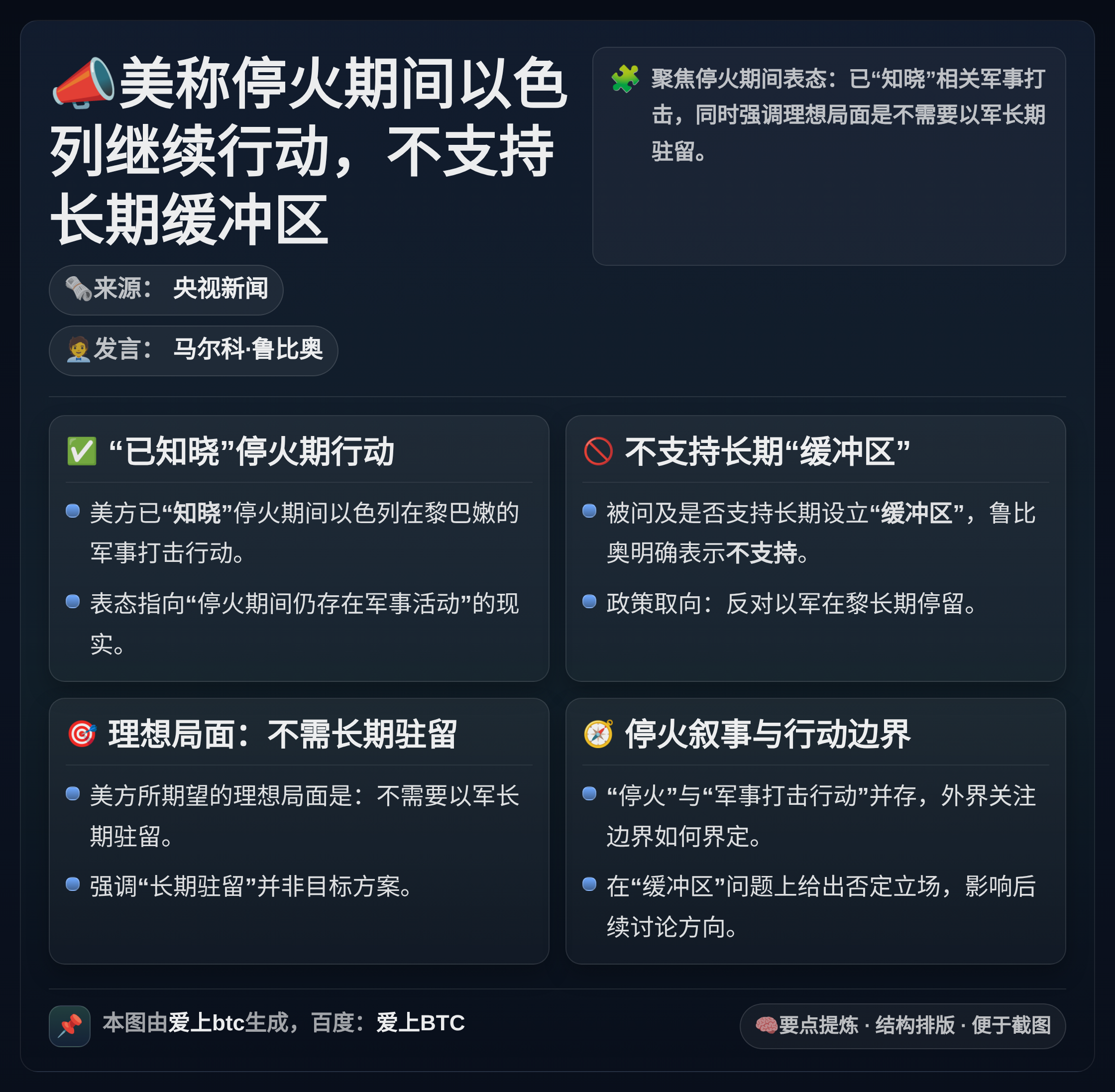 美称停火期间以色列继续行动 不支持长期缓冲区