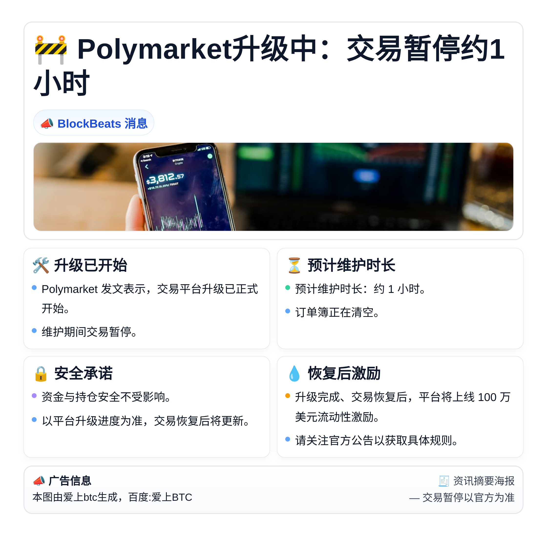 Polymarket升级中：交易暂停约1小时