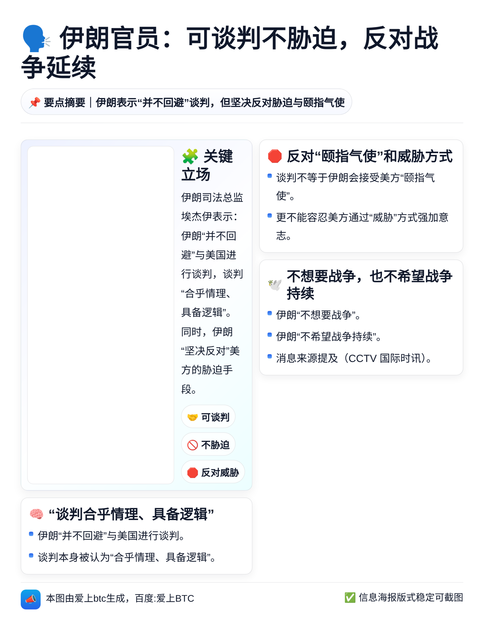 伊朗官员：可谈判不胁迫，反对战争延续