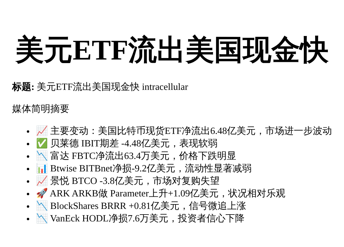 美元ETF流出美国现金快 

致电：简明摘要