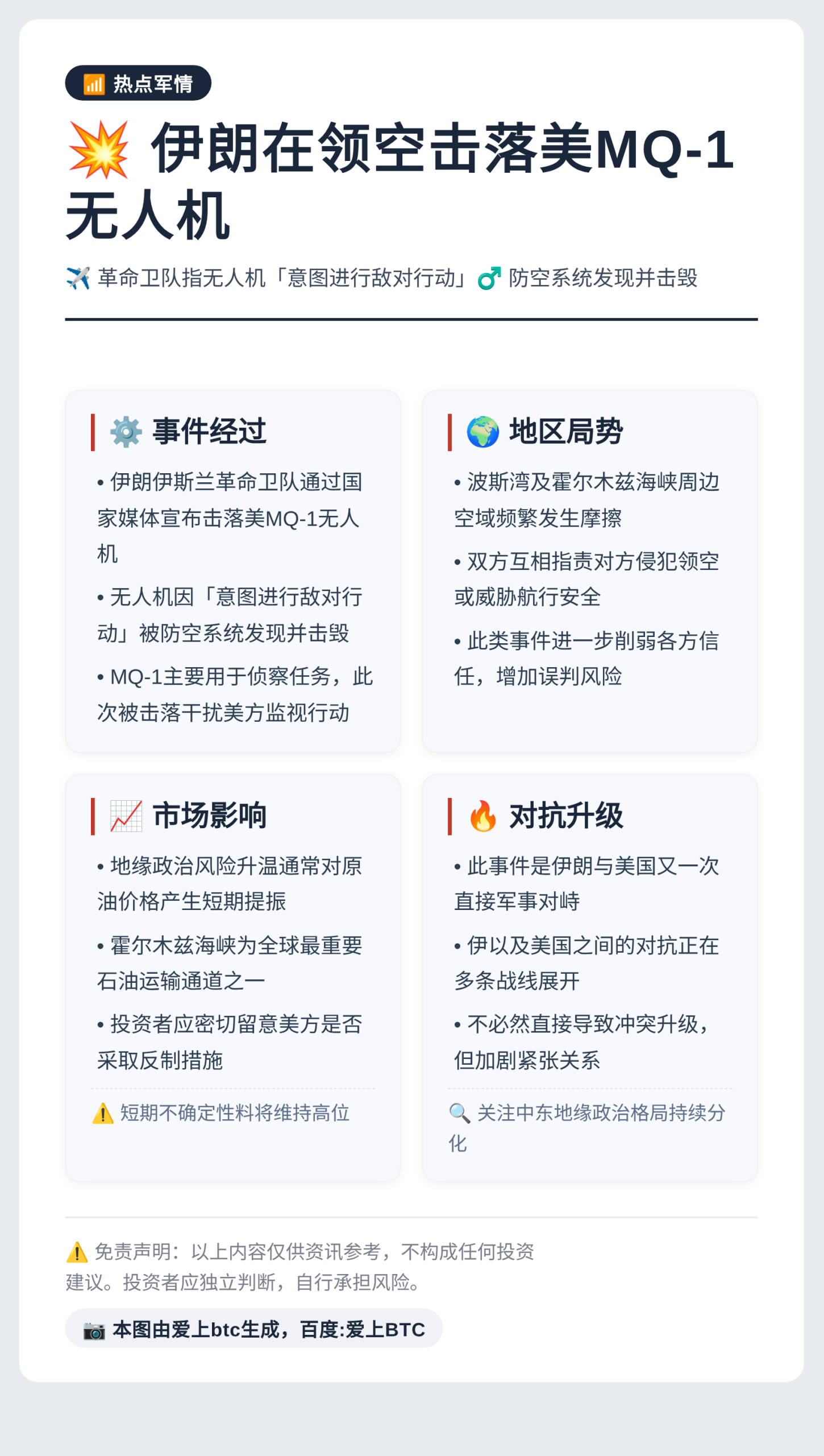 伊朗在领空击落美MQ-1无人机